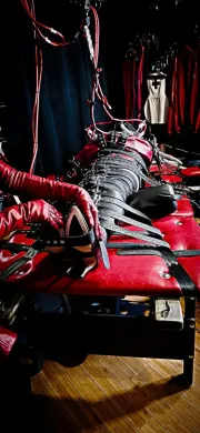 Serious kit milker pump rubber electro stim stimulation nipple cylinders leather with heavy bondage straitjacket high heels BDSM mistress dominatrix